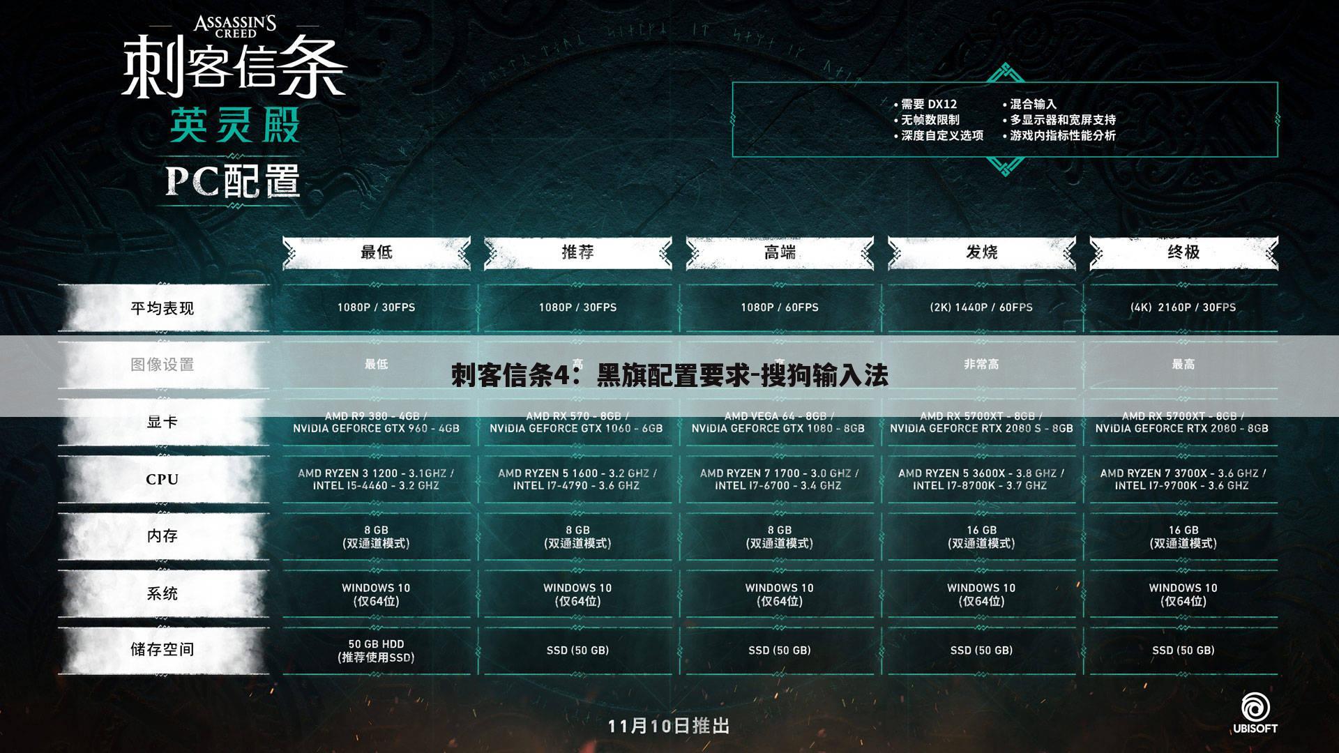刺客信条4:黑旗配置要求-搜狗输入法